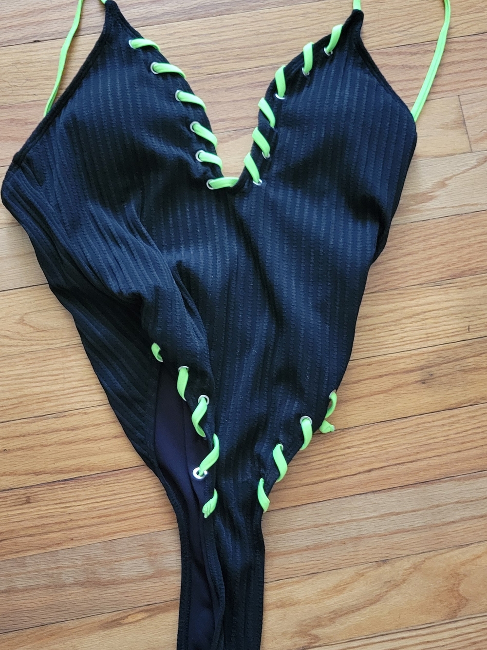 SHEIN Black One-Piece Swimsuit with Neon Green Lace-Up Trim